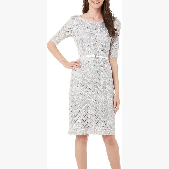 New Connected Apparel Dress 8 Sheath Silver Gray Crochet Lace Belted Holiday NWT - Picture 8 of 8